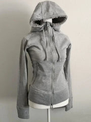 Y2k Retro Grey Wool Vintage Hooded Sweatshirt Cardigan Ladies Spring