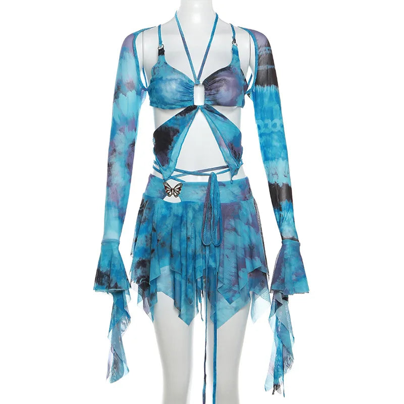 Y2k Ruffle Butterfly 2 Piece Outfit Fairy Backless Crop Top Wrap Mini Skirt Set Rave Festival Matching Set