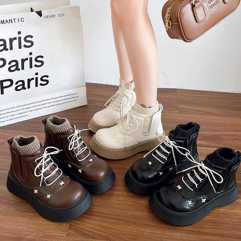 Platform Ankle Boots Elegant Lolita Style Ladies Causal Boots Simple Versatile Leather Boots Women