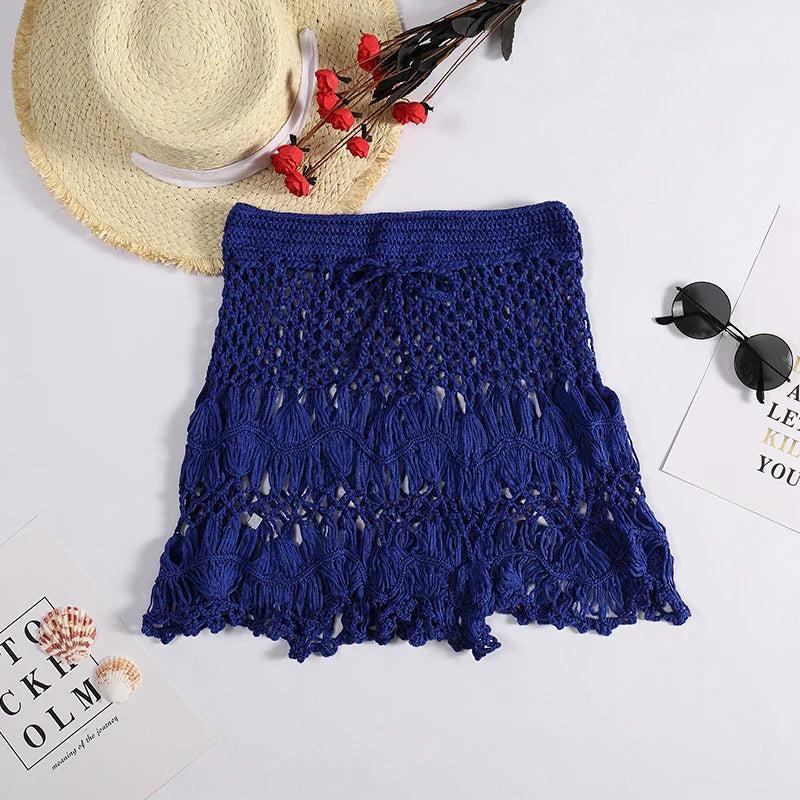Handmade Crochet Hollow Out Swimwear Cover Up Solid Color Drawstring Short Skirt Holiday Knitting Sweet Beachwear