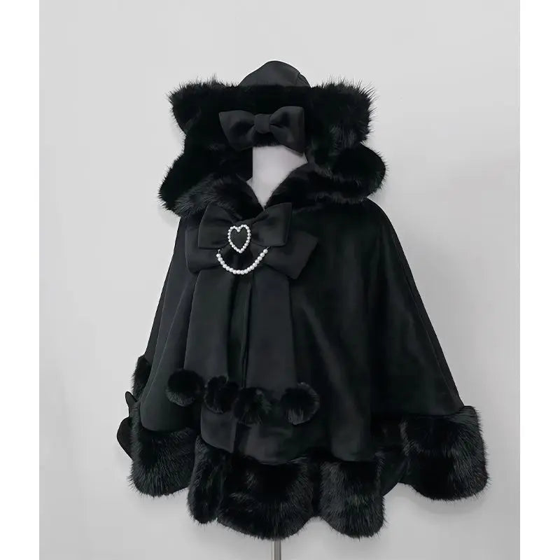 Lolita Shawl Overcoat Design Bow Hooded Patchwork Kawaii Cope Coat Warm Chic Sweet Christmas Coat