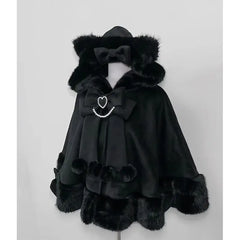 Lolita Shawl Overcoat Design Bow Hooded Patchwork Kawaii Cope Coat Warm Chic Sweet Christmas Coat