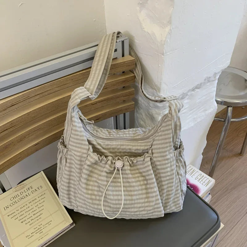 Korean Nylon Shoulder Bag Simple Plaid Zipper Tote Bag Drawstring Pleated Cloud Bag Commuter Crossbody Shoulder Bag