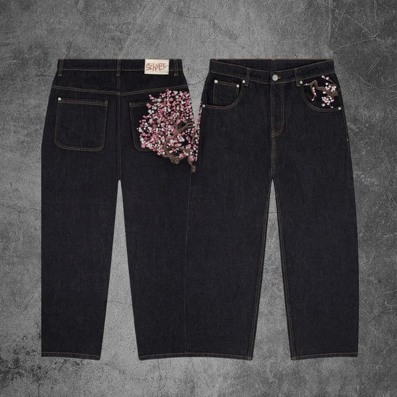 Y2k Trendy Baggy Jeans Harajuku Retro Blossom Embroidery Pants Gothic High Street Streetwear Unisex Straight Denim Trousers