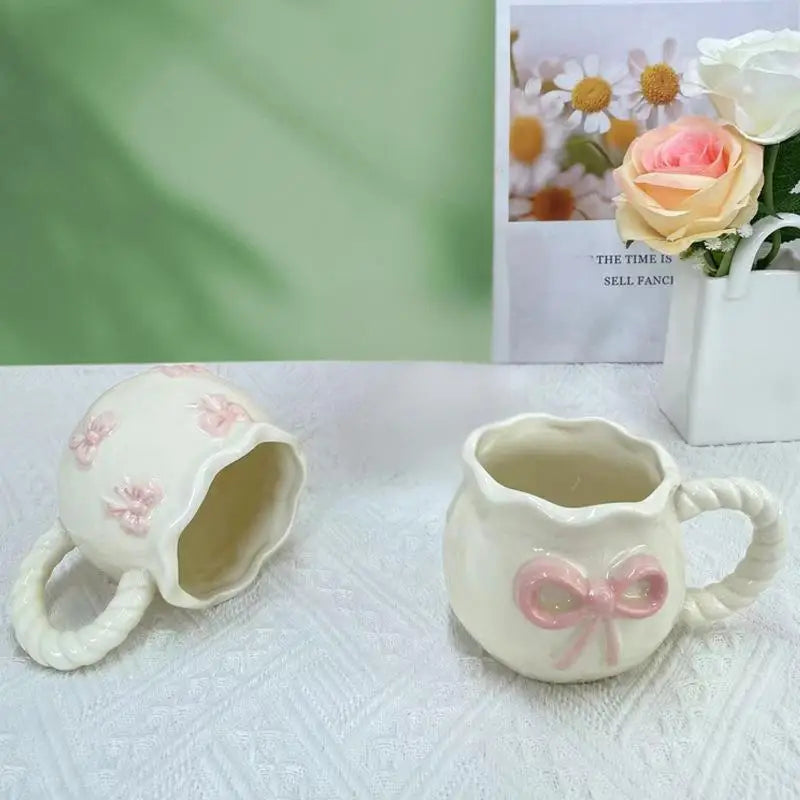 Ins style girl's heart-shaped butterfly knot coffee cup afternoon tea ceramic cup cute mug