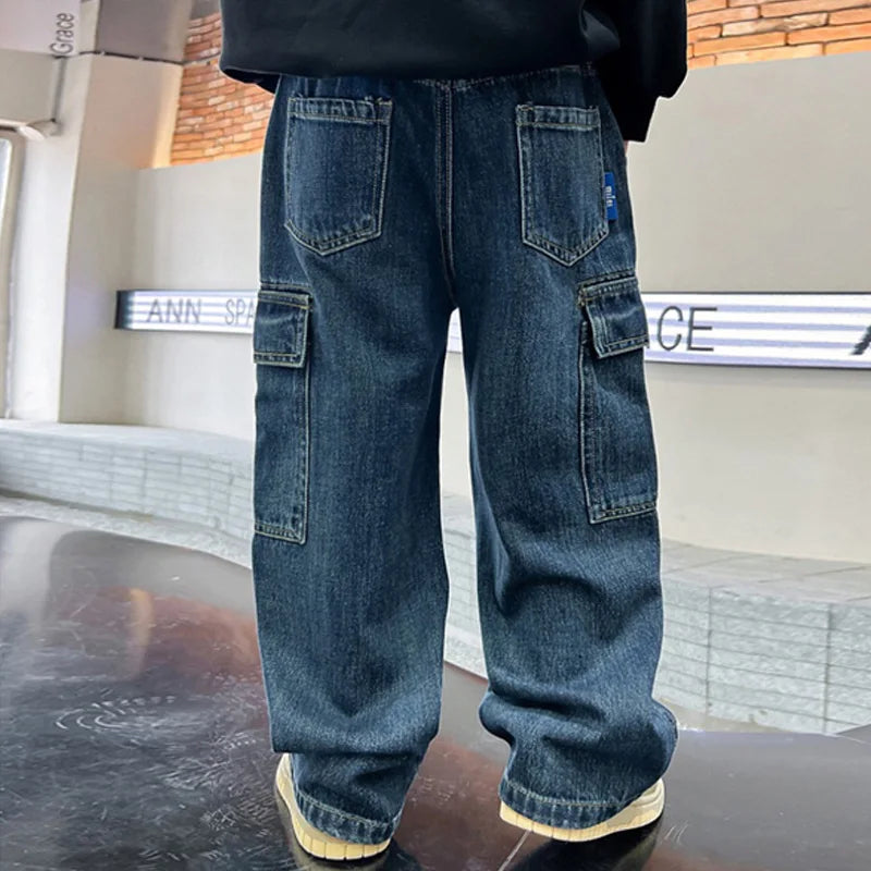 Teen Boys Jeans Children's Straight Trousers Teenager Wide-legged Cargo Pants Kids Loose Clothes