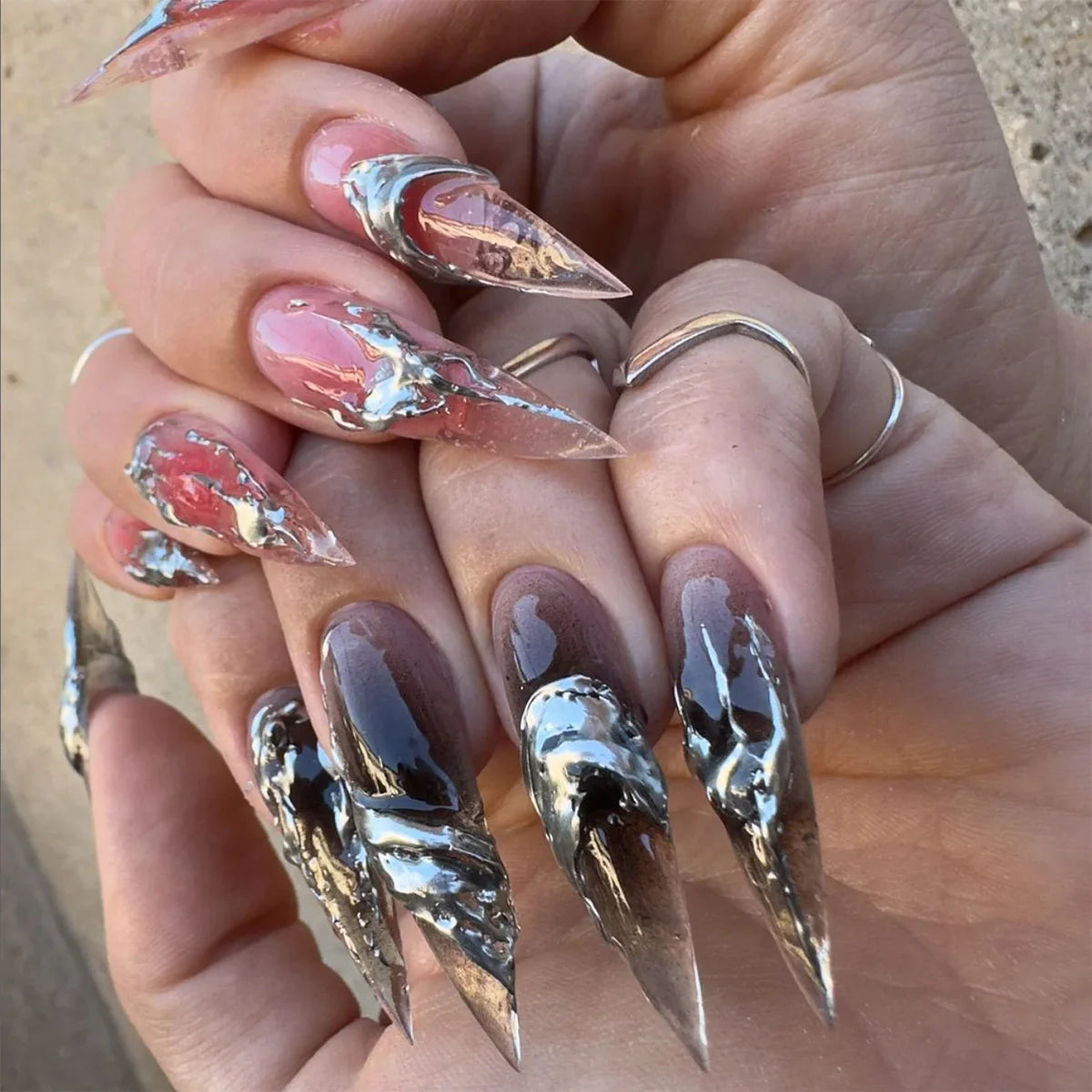 Red Y2K Wearable Nail Art Chic Silver Butterfly Love Metal Bead Almond False Nails Detachable Finished Fake Nails Press on Nails