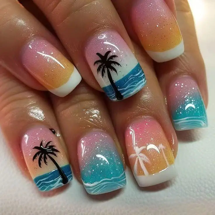 24Pcs Short Square Head Fake Nail Colorful Gradient with Design Simple Full Cover False Nail Wearable Press on Nails Tips