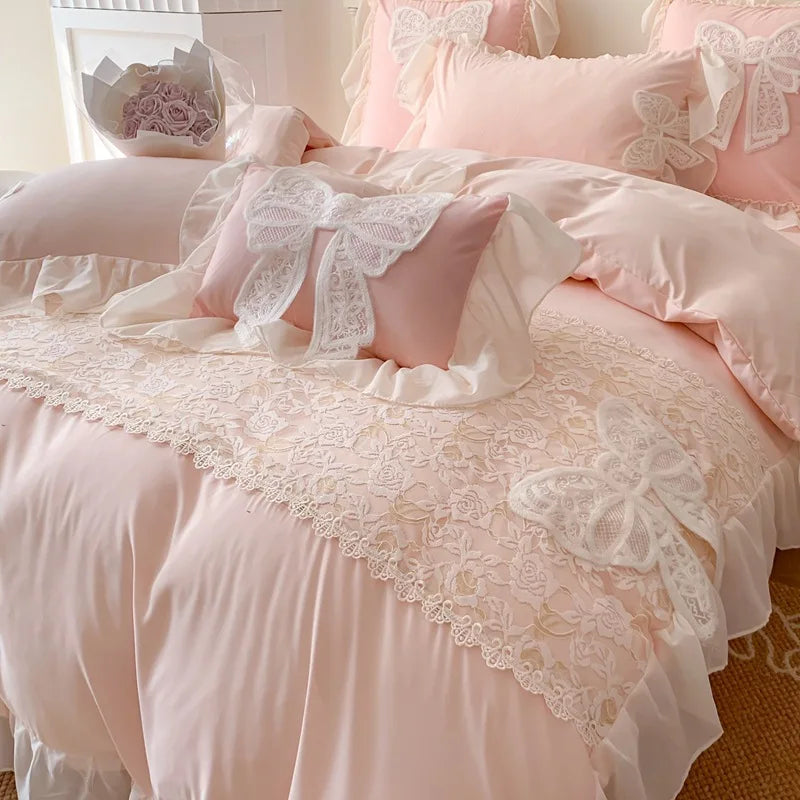 Three-dimensional Embroidery Lace Washed Cotton Quilt Cover Chiffon Soft /Breathable Bed Sheet Bedding Four Piece Set