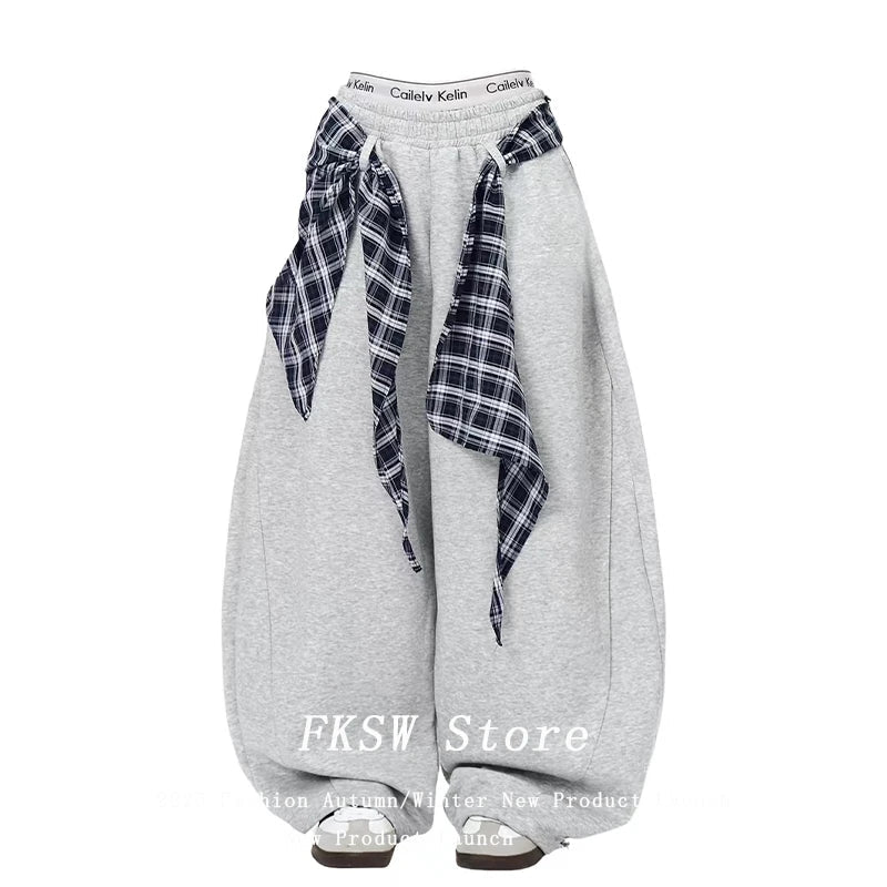 Baggy Drawstring Pants Gray Long Trousers Wide Fit Pants Y2k Harajuku Japanese Loose American Retro Hip-pop Sweat Pants