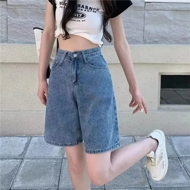 American Retro High Waist Denim Shorts Slim Straight Leg Casual Student Versatile Wide Leg Five-Point Pants