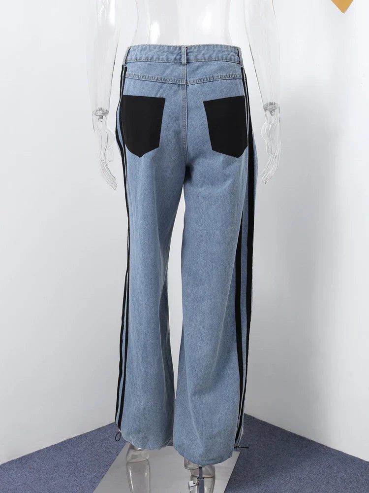 Denim Patchwork Trousers High Waist Contrast Color Striped Straight Sports Wide Leg Pants Street Lady Pants