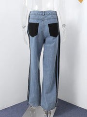 Denim Patchwork Trousers High Waist Contrast Color Striped Straight Sports Wide Leg Pants Street Lady Pants