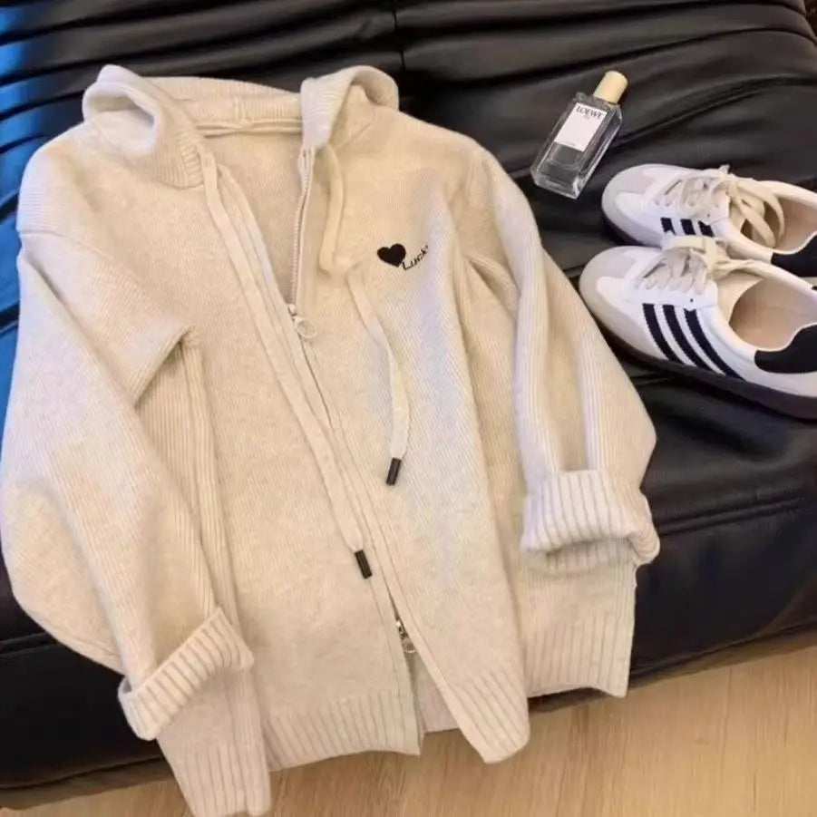 Gray Hooded Sweater Coat Double Zipper Long Sleeve Loose Korean Soft Thickened Knitted Tops Coats
