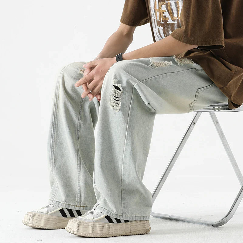 Ripped Jeans Loose Straight Leg Retro Draw Rope Port Brand All-match Casual Pants