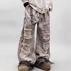 Hip-hop street clothing wasteland style tie-dye ripped jeans