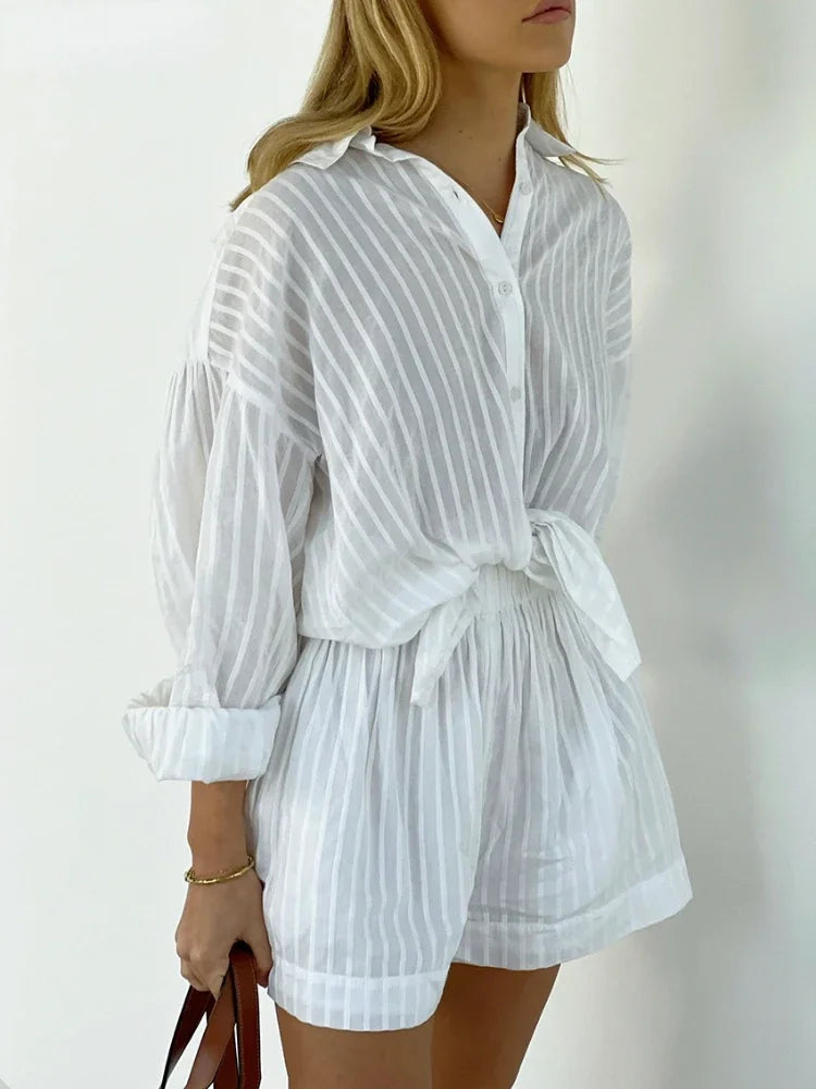 Wolfeel Casual Shorts Sets Striped Jacquard 2 Pieces Cozy Lapel Lantern Sleeve Shirt Outfit Elastic Waist Shorts Suits