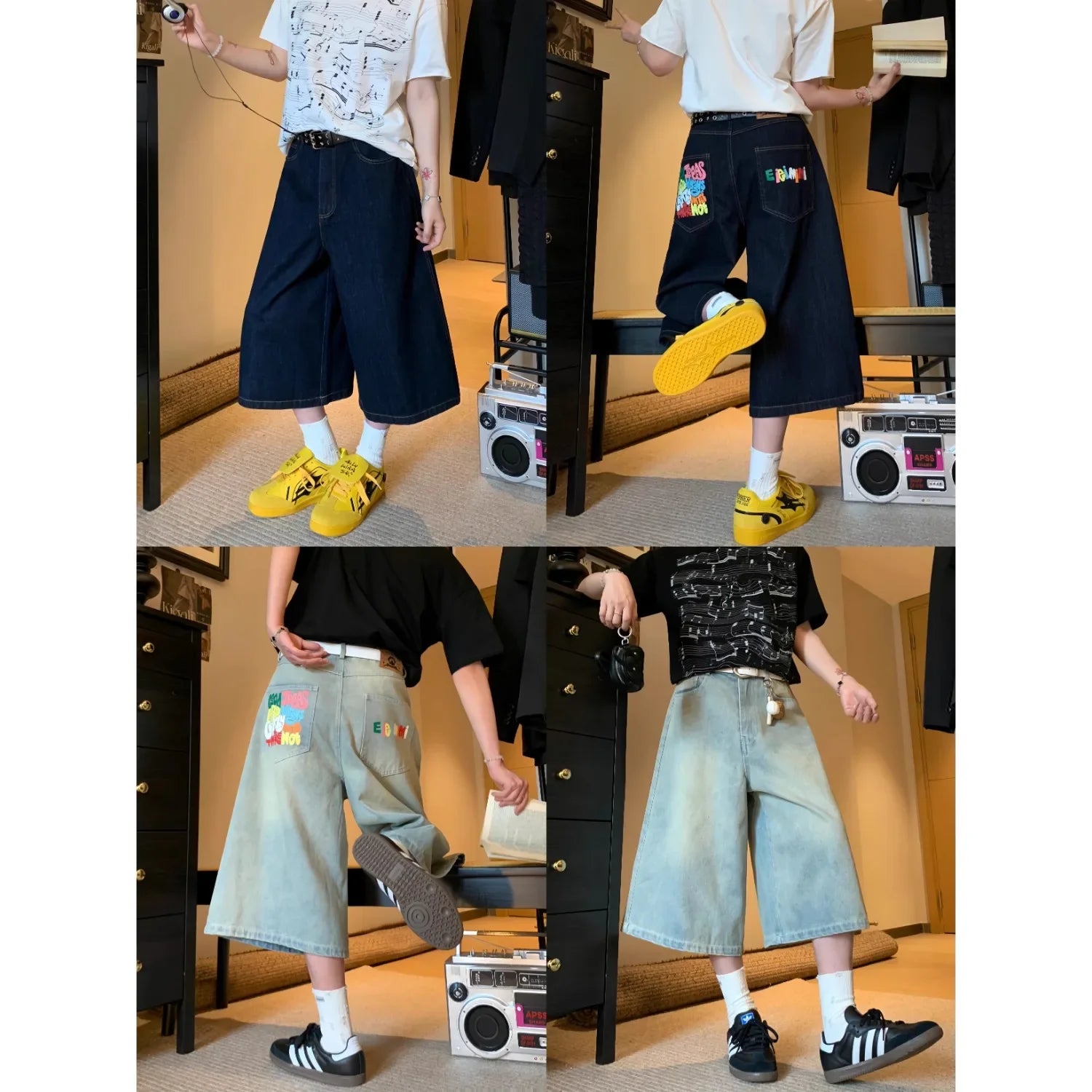 American Retro Jeans Y2K Harajuku Hip Hop Gothic Retro Pocket Embroidered Blue Baggy Jeans Low Waist Wide Leg Trousers
