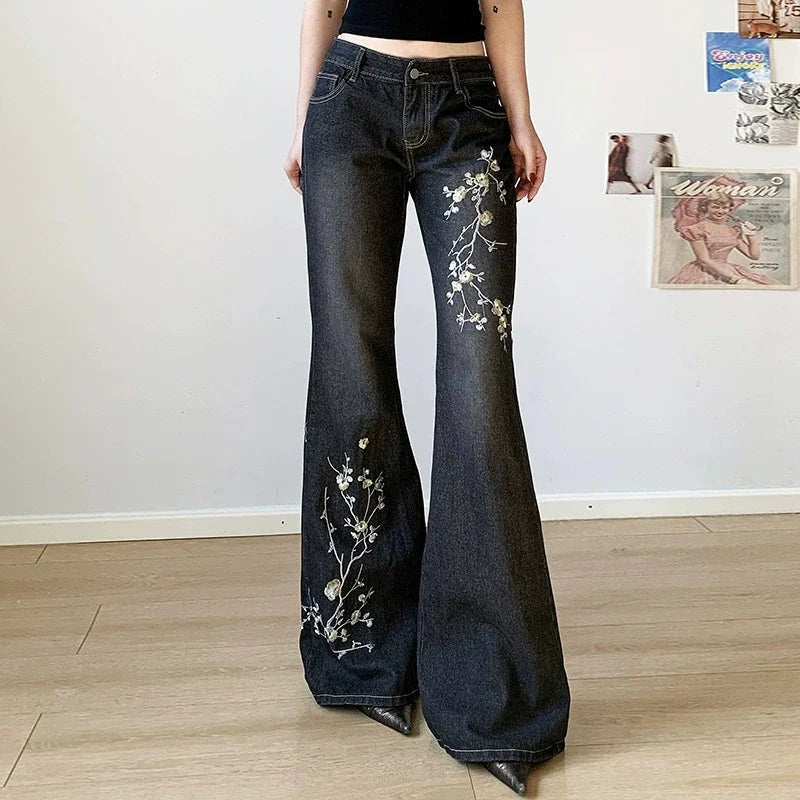 -Floral Embroidery Jeans Vintage 2000s Low Rise Flared Jeans Retro y2k Baggy Denim Pants High Street Basic Trousers