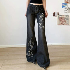 -Floral Embroidery Jeans Vintage 2000s Low Rise Flared Jeans Retro y2k Baggy Denim Pants High Street Basic Trousers