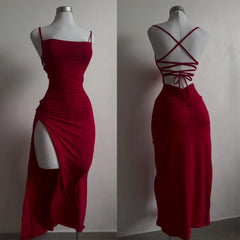 Backless Lace Up Long Dress Split Sleeveless Bodycon Party Club Evening Dresses High Street Suspender Robes