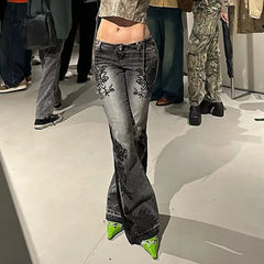 Jeans American Retro Street Style Plant Print Washed Vintage Low-Rise Flare Pants Trendy Versatile