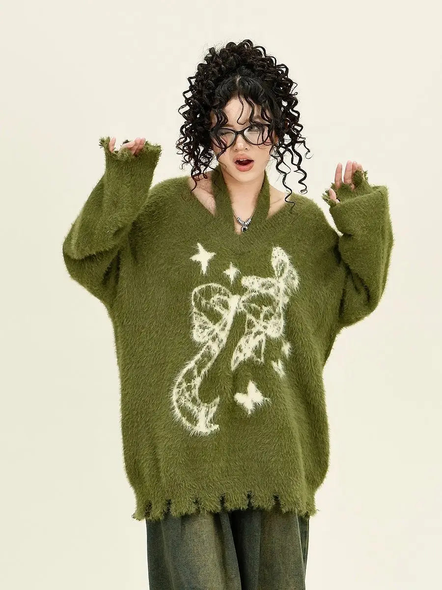 American Green Bow Neck Sweater Loose Print Pattern Vintage High Street Lazy Wind Knitted Sweater
