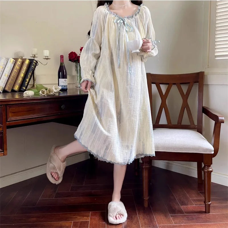 Pajamas Dress Princess Style Sweet Long Sleeve Nightdress Round Neck Wide Striped Bow Cute Girly Midi Dress Night Wear