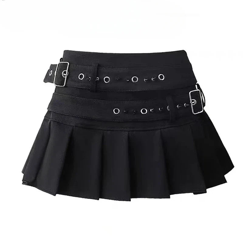 design double belt pleated skirt