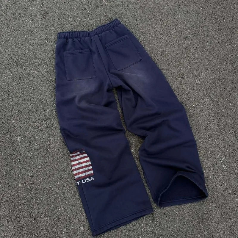 Y2k Clothes Vintage Wash USA Flag Print Wide Leg Sweatpants