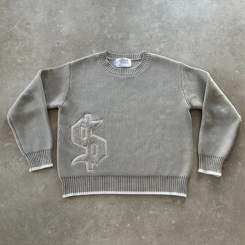Gray Money Sign Sweater Y2k American Dollar Knit Pullover Vintage Classic Streetwear Warm Crewneck Top Casual