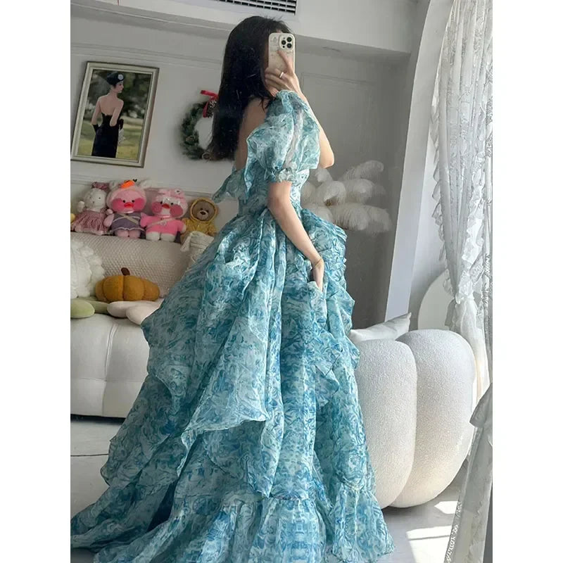 Floral Print Evening Party Dress Puff Sleeve Elegant Princess Long Dres Ladies France Vintage Open