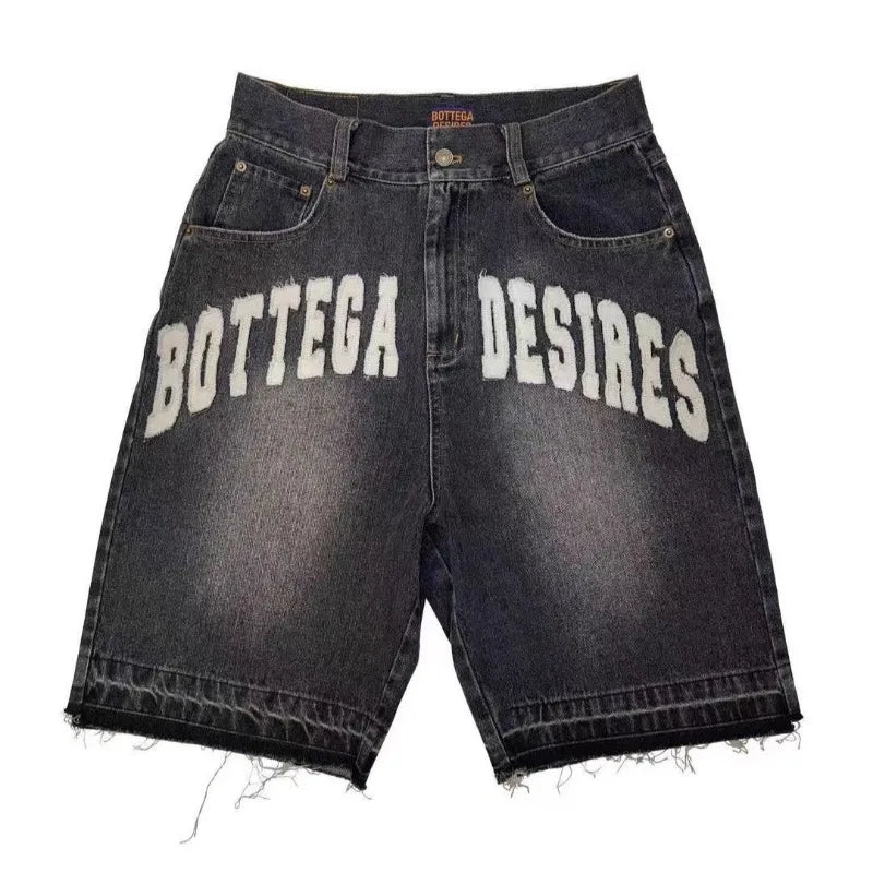 Y2k Vintage Harajuku Denim Shorts Washed Letter Embroidery Tassels American Retro Jeans Man Baggy Hip Hop Jorts