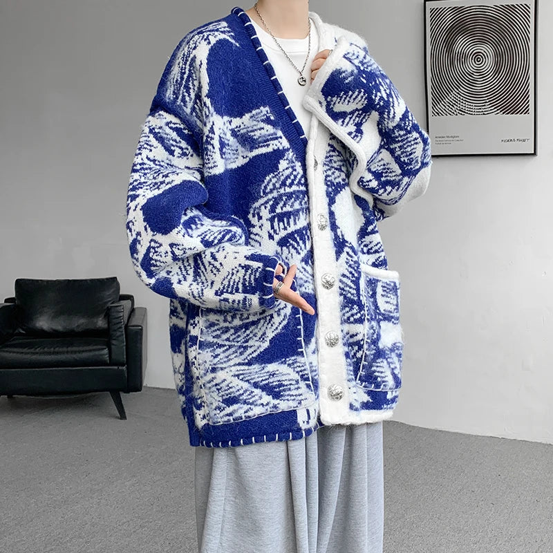 Printed Sweater Coat Top quality V Neck Knitted Cardigan Lazy Chic Elegant Sweater High Street Hip Hop Oversized