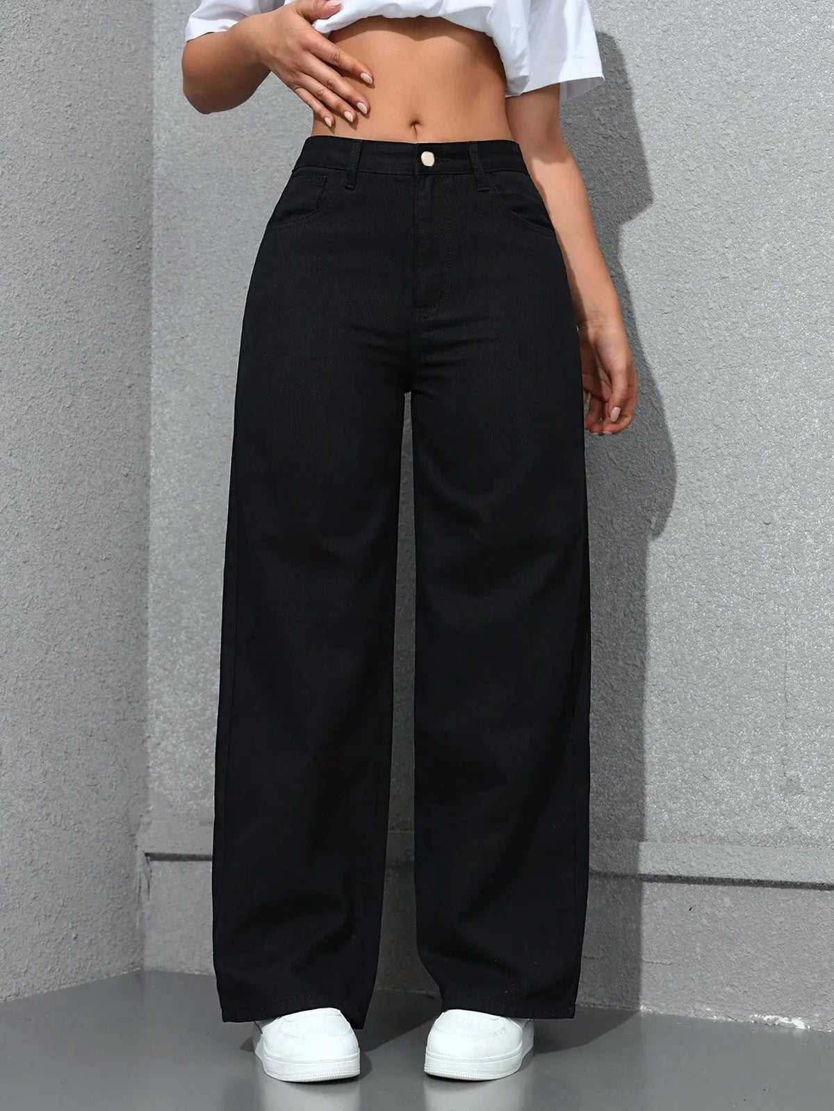 Retro Loose Wide Leg Jeans Solid Straight Wash High Elastic Waist Denim Pants Casual Streetwear Pocket Trousers