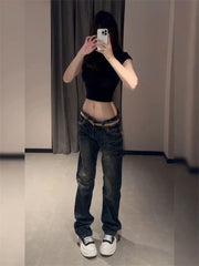 American Personalized Gold Wing Embroidered Jeans Children's Girl Design Sense Low Waist Micro Flared Pants