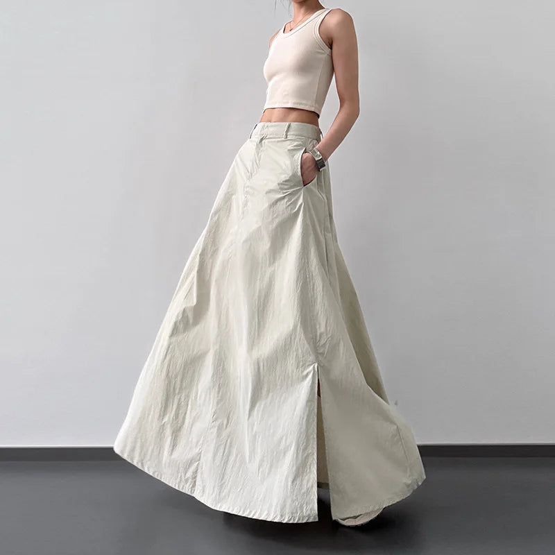 Temperament Retro Slit Cargo Skirts High Waist Streetwear Midi Skirts Y2K Chic Hip All Match Folds A Line Skirt