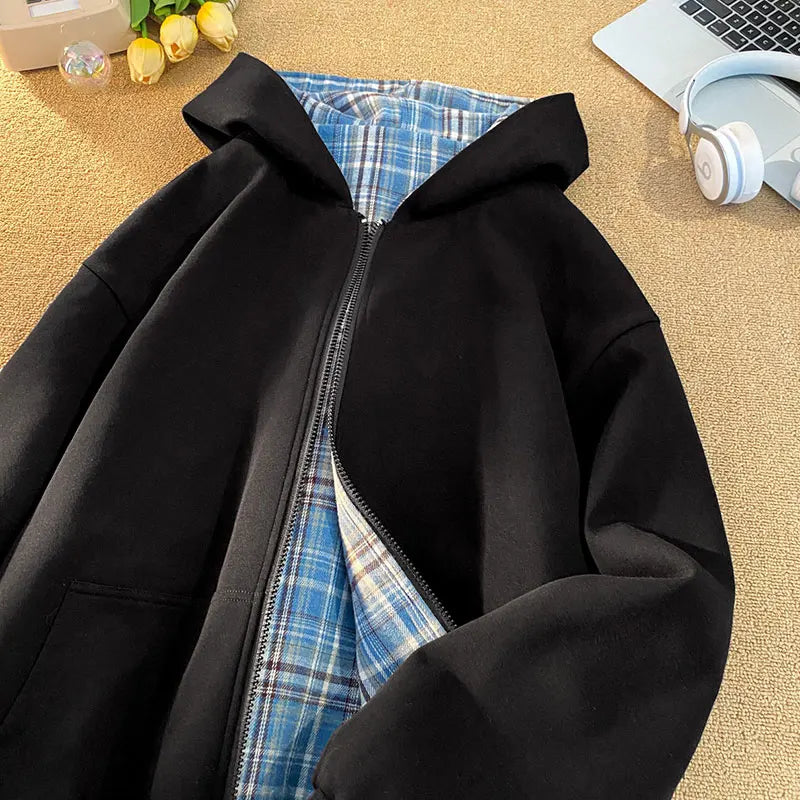 Reversible Sweatshirt Hooded Cardigan Tide Couple Model Hooded Sweatshirt Plaid Jacket Unisex Hoodies