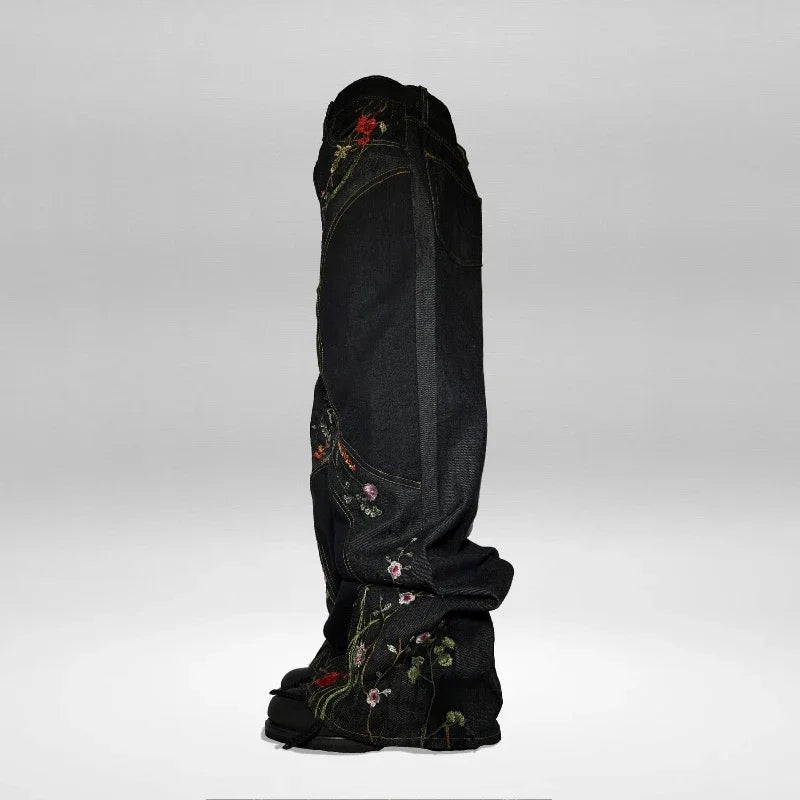 Y2K Baggy Jeans vintage splicing Floral Seams Embroidery Streamlined Jeans 2000s Harajuku goth Hip Hop wide leg jeans