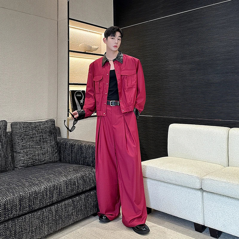 Casual Two Piece Set Short Lapel cargo Jacket Large Pockets Snap Buttons Loose Straight Leg Pleated Waist Pants