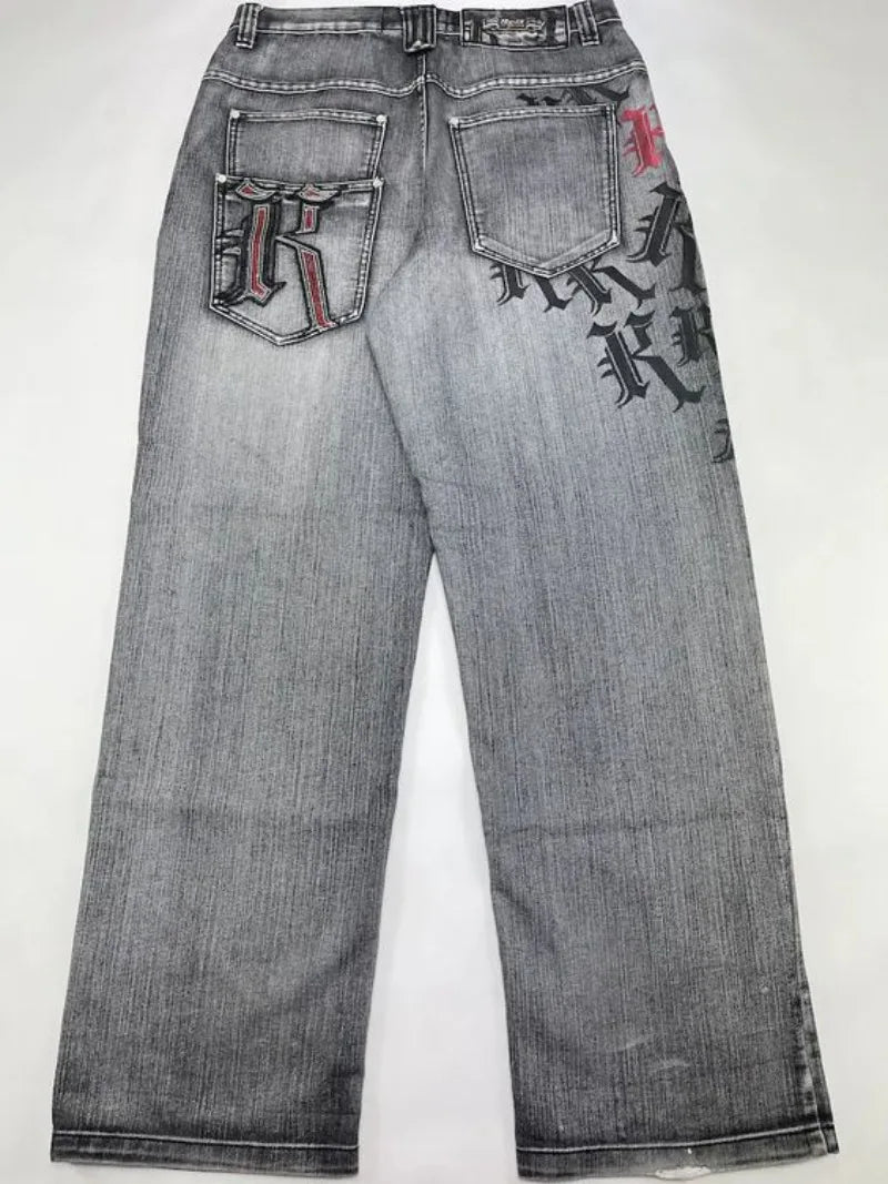 American Harajuku Vintage Print Jeans Y2K Washed Gray Straight Pants Street Gothic Loose Unisex Trousers Tide