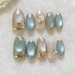 24pcs Gradient Pink Almond False Nail Tips Wearable Cat's Eye Smudge Design Nails Set Press on Sweet Butterfly Flower Fake Nails