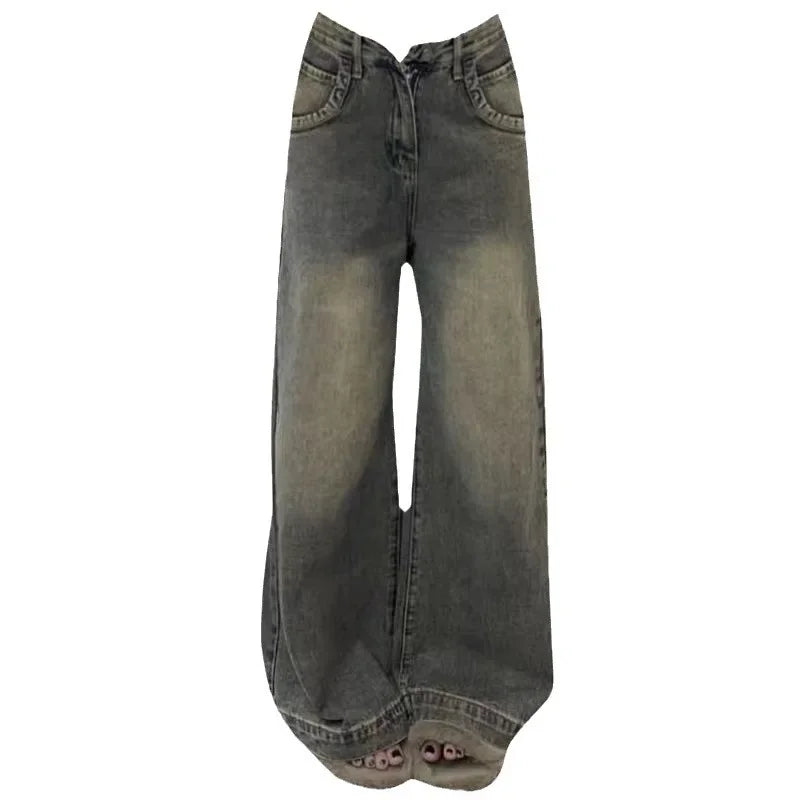 Vintage Distressed Wide-leg Jeans Loose-fit Slimming Draped Versatile Trailing Straight-leg Trousers