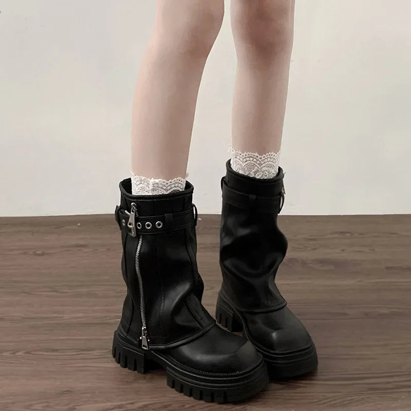 Biker Boots Belt Buckle Ladies Elegant Platform Flats Short Booties Casual Knight Booties