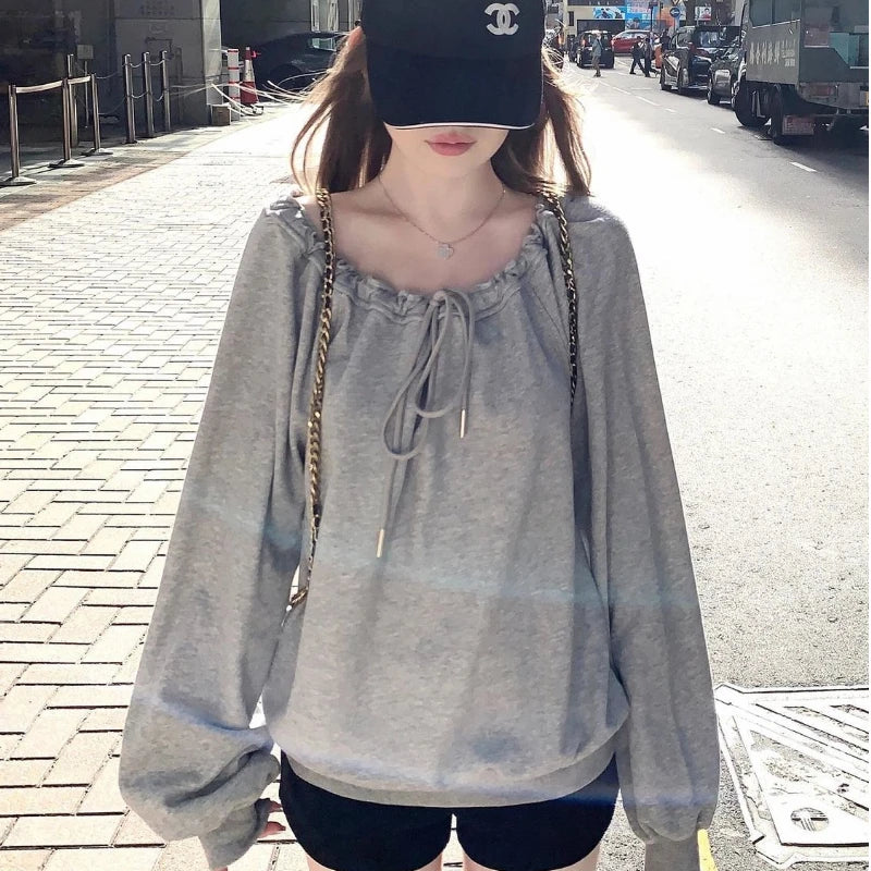 Bandage Pleated Solid Lazy Style Hoodies Sweatshirts Long Sleeve Loose Tops Korean Casual Clothing