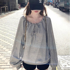Bandage Pleated Solid Lazy Style Hoodies Sweatshirts Long Sleeve Loose Tops Korean Casual Clothing