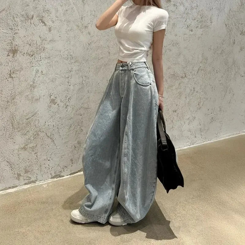 American Washed Loose Wide Leg Knife Edge Jeans High Waist Loose Slimming Floor Length Pants