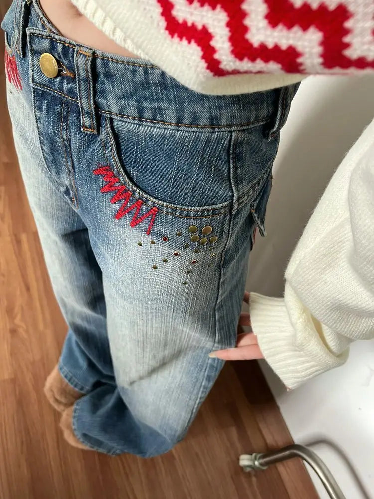 American Embroidery Stamping Design Trendy Cool High Waisted Straight Leg Jeans