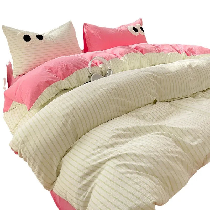 Small Fresh Cream Style Striped Simple Embroidery Big Eyes Four-piece Bed Sheet Quilt Cover Bed Sheet Dormitory Three-piece Set