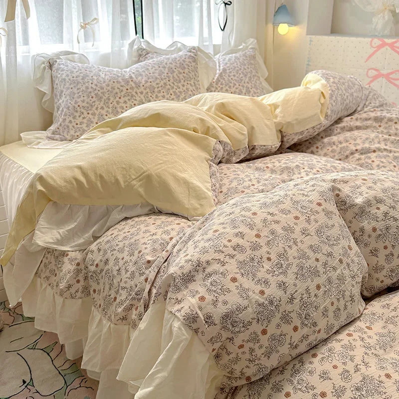 1.5/1.8 Korean Style 100% Cotton Fitted Sheet Sets with Lace Flower Print Bedding Set